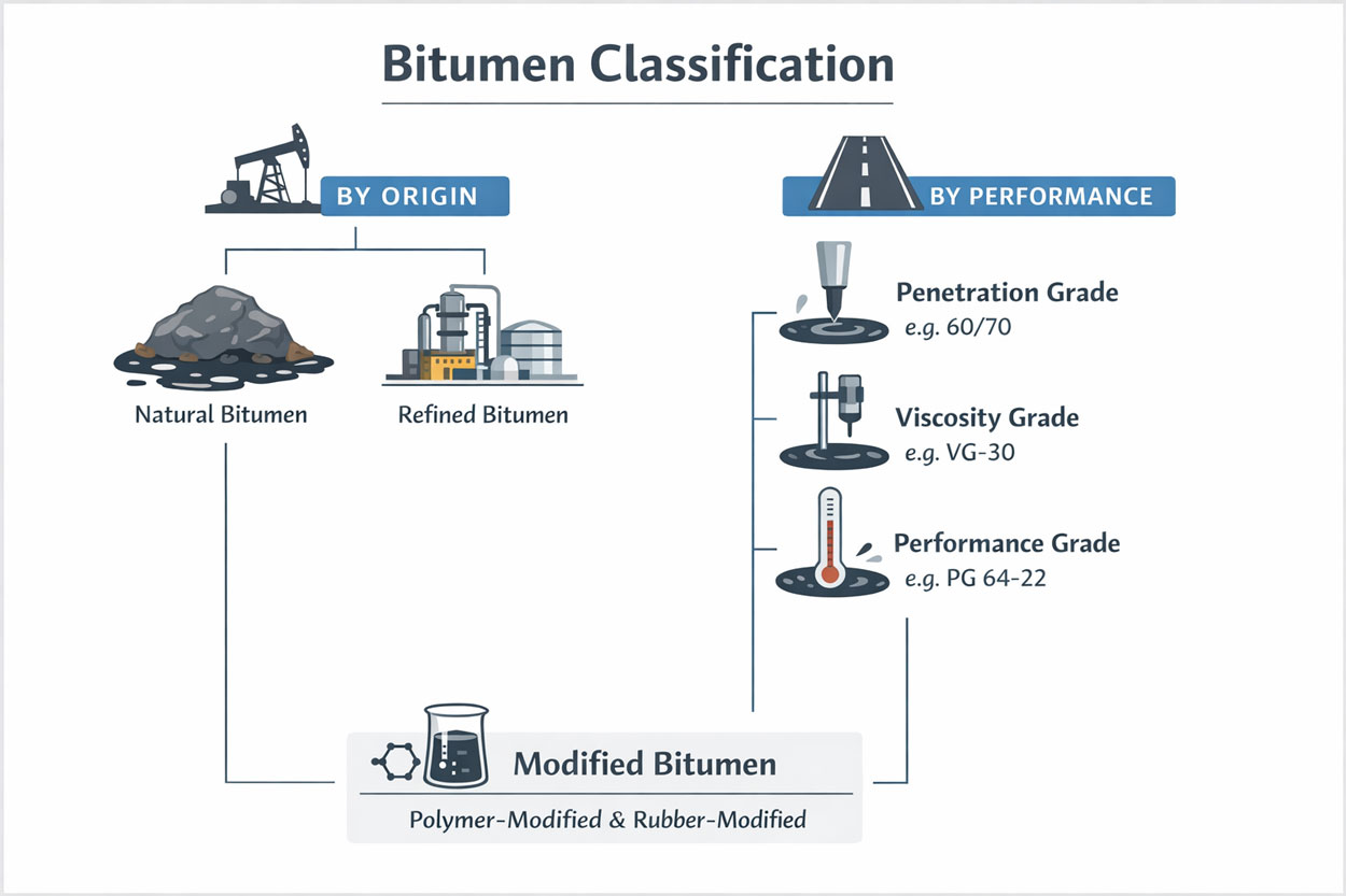 Bitumen classification systems based on origin and performance